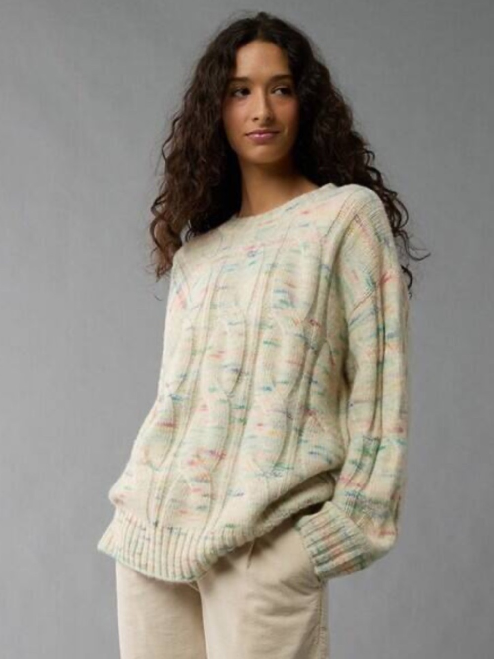 NWT American Eagle Whoa So Soft Colorful Cable Knit Crewneck Sweater Small